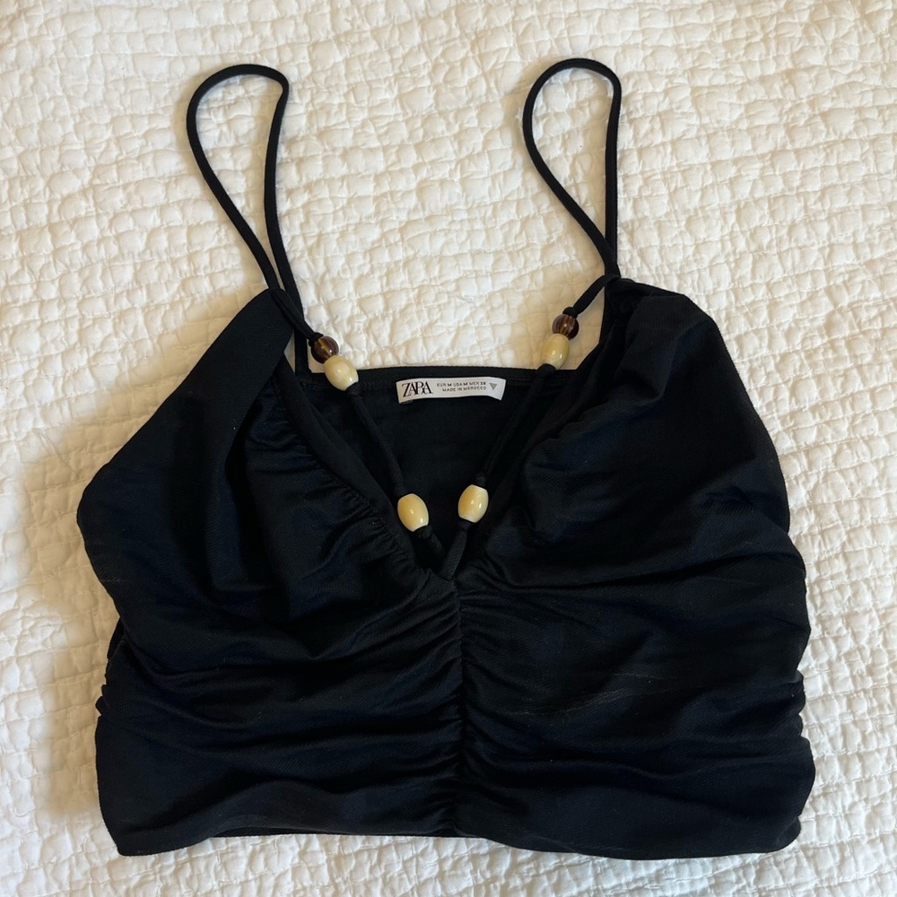 Zara black crop top beaded neck line ruched